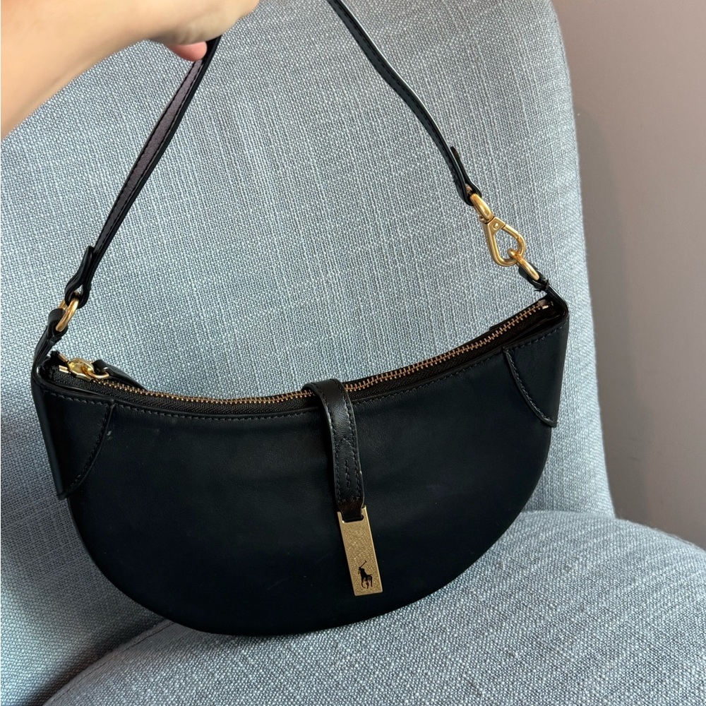 Ralph Lauren Black Leather Crescent Shoulder Bag with Gold Hardware